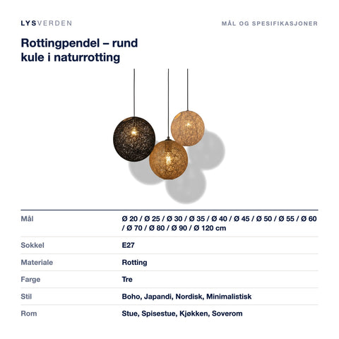 Mål og spesifikasjoner for Rottingpendel – rund kule i naturrotting