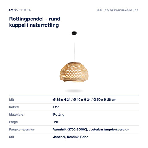 Mål og spesifikasjoner for Rottingpendel – rund kuppel i naturrotting