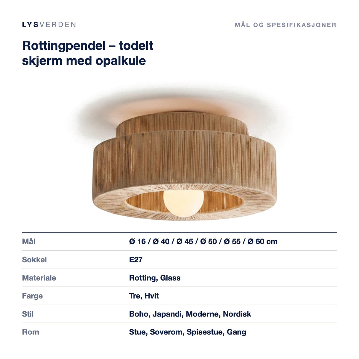 Rottingpendel – todelt skjerm med opalkule – mål og spesifikasjoner