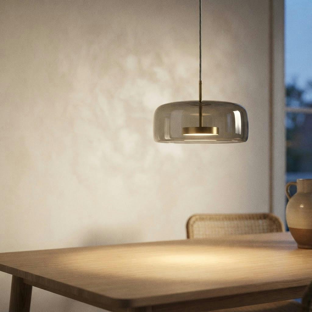 Røyk-/amberglass pendellampe – klokkeform – tent i skandinavisk hjem