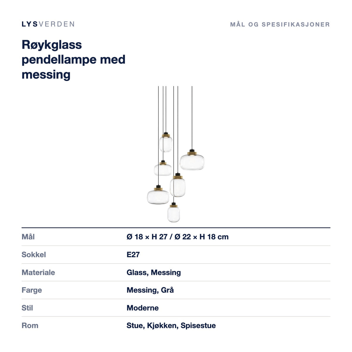 Røykglass pendellampe med messing – mål og spesifikasjoner