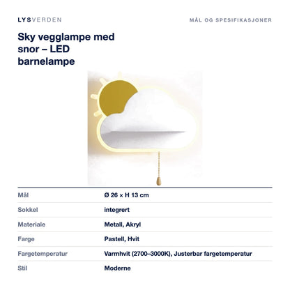 Sky vegglampe med snor – LED barnelampe – mål og spesifikasjoner