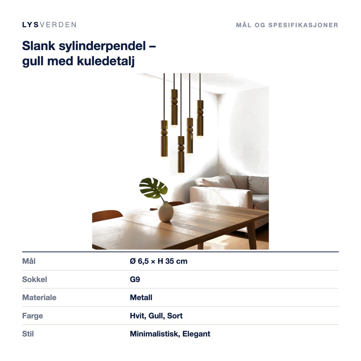 Slank sylinderpendel – gull med kuledetalj – mål og spesifikasjoner