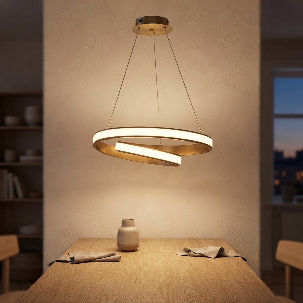 Spiralformet LED pendellampe – gullring i loop – tent i skandinavisk hjem