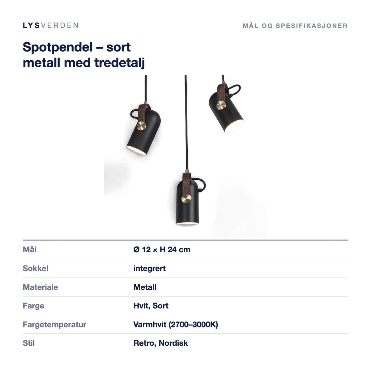 Mål og spesifikasjoner for Spotpendel – sort metall med tredetalj