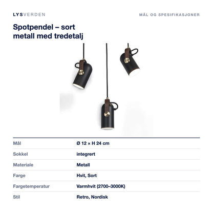 Spotpendel – sort metall med tredetalj – mål og spesifikasjoner