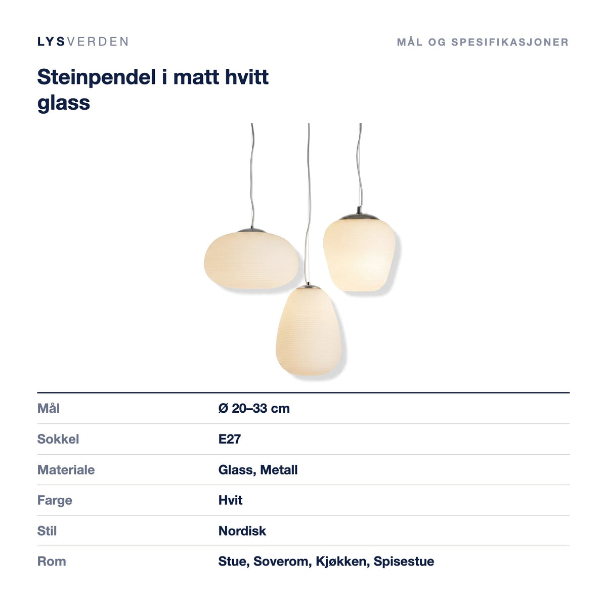 Steinpendel i matt hvitt glass – mål og spesifikasjoner