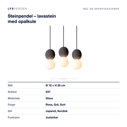 Steinpendel – lavastein med opalkule – mål og spesifikasjoner