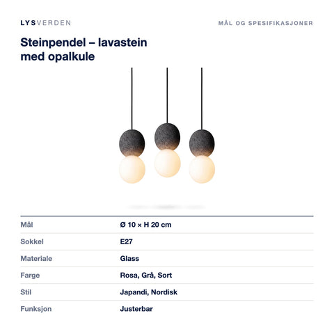 Mål og spesifikasjoner for Steinpendel – lavastein med opalkule