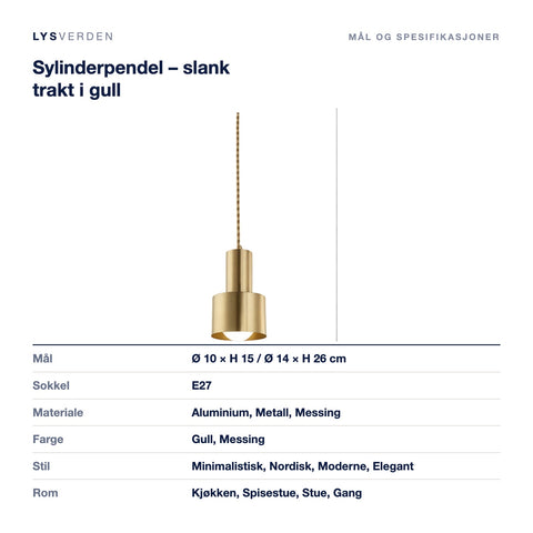 Mål og spesifikasjoner for Sylinderpendel – slank trakt i gull