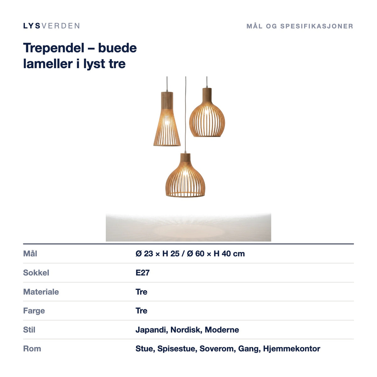Trependel – buede lameller i lyst tre – mål og spesifikasjoner
