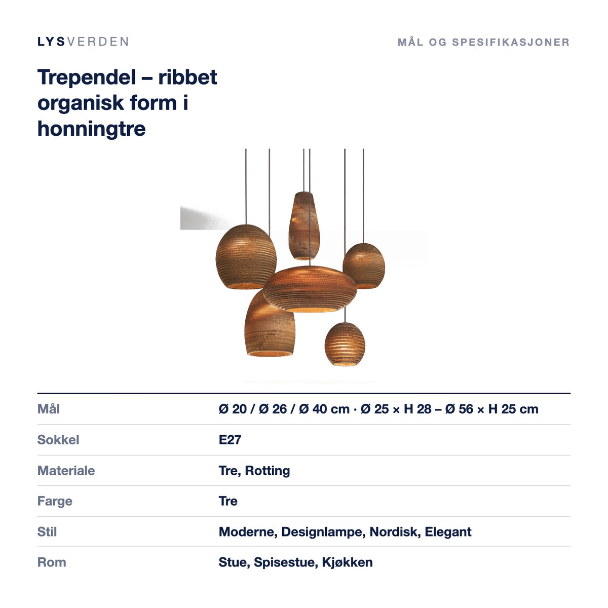 Mål og spesifikasjoner for Trependel – ribbet organisk form i honningtre