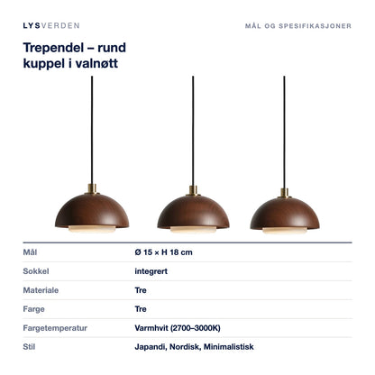Trependel – rund kuppel i valnøtt – mål og spesifikasjoner