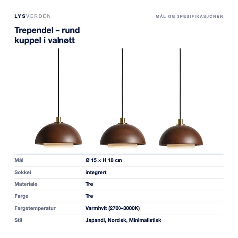 Mål og spesifikasjoner for Trependel – rund kuppel i valnøtt
