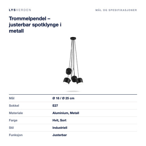 Mål og spesifikasjoner for Trommelpendel – justerbar spotklynge i metall (1–6 stk)