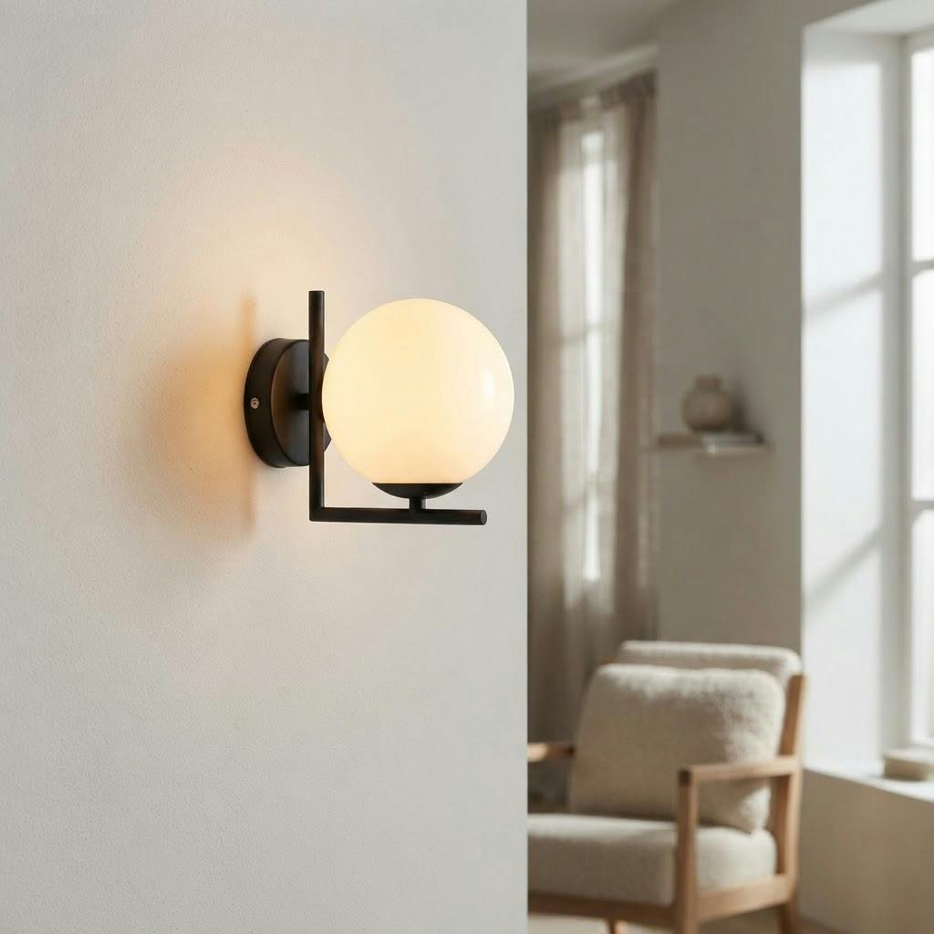 Vegglampe med opalkule i ramme – tent i skandinavisk hjem