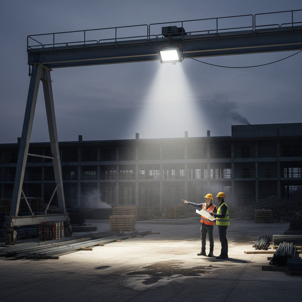 Lysverden 100W LED-lyskaster med PIR-sensor, 4000K nøytralhvitt, IP65, lyser opp en byggeplass med to arbeidere.