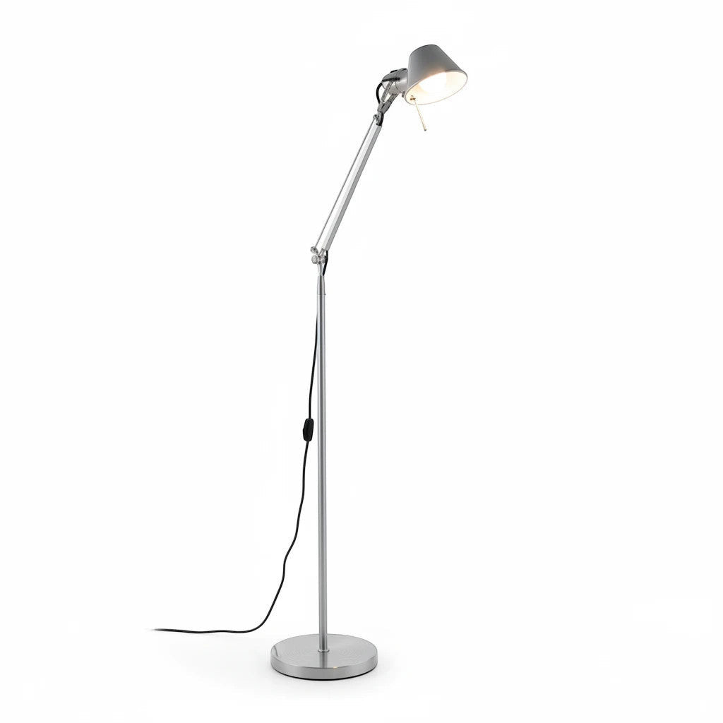 Lysverden silver aluminum adjustable floor lamp with a flexible articulated arm and tilting head for task lighting.