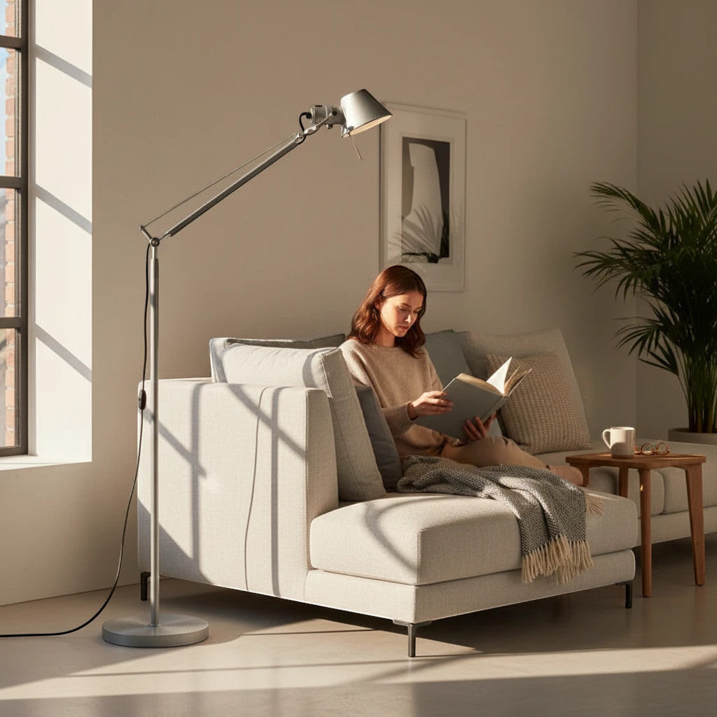Lysverden silver adjustable aluminum floor lamp providing task lighting for a woman reading on a modern sofa.