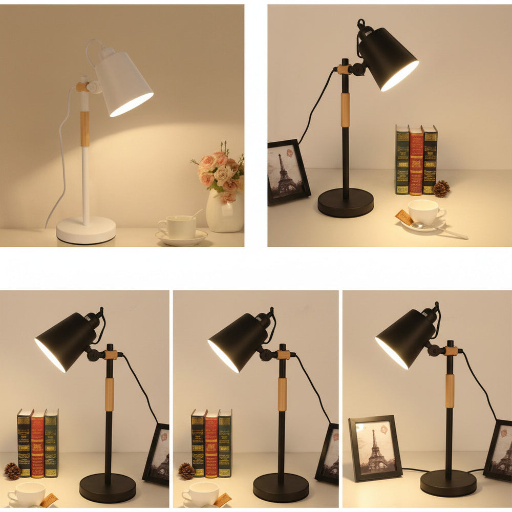 Lysverden adjustable desk lamp in black metal with wood accents, featuring an E27 socket and articulated arm for task lighting.