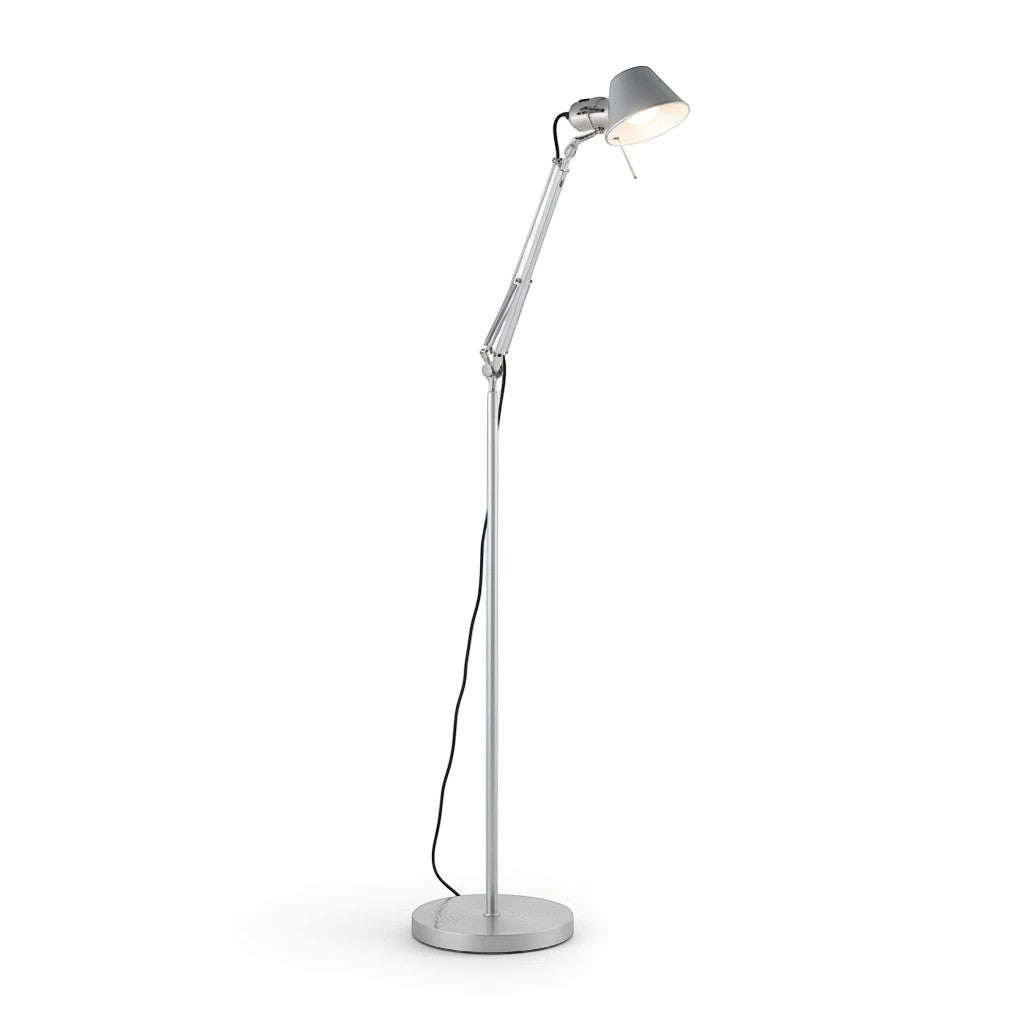 Lysverden adjustable silver aluminum floor lamp with a flexible arm and tilting head for focused LED task lighting.