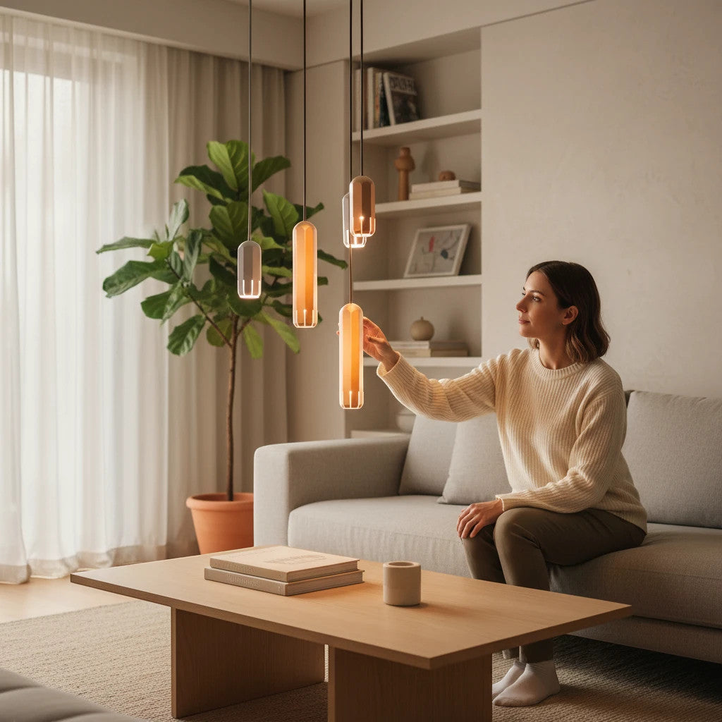 Lysverden minimalistiske aluminiumsrørpendler i en moderne stue der en kvinne justerer lampene