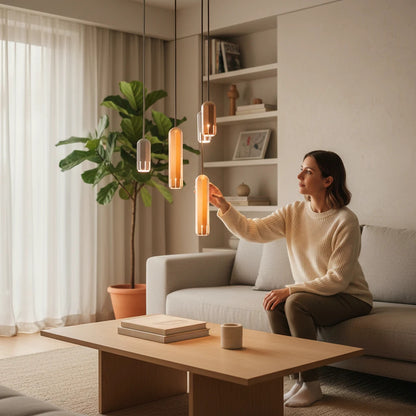 Lysverden minimalist aluminium tube pendant lights in a modern living room with a woman adjusting the hanging lamps