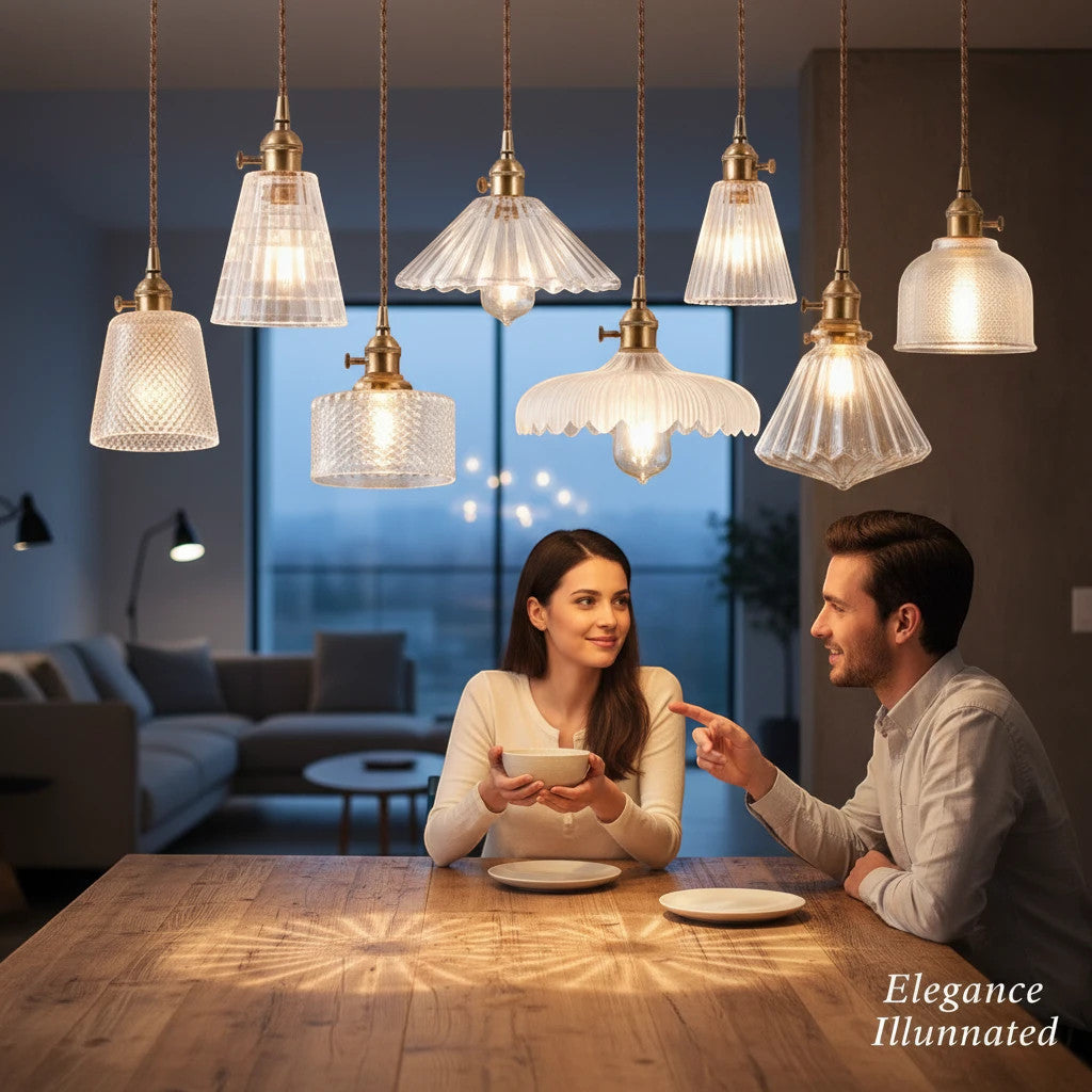 Lysverden amber glass pendant lights with brass details hanging in a cluster over a dining table with a couple