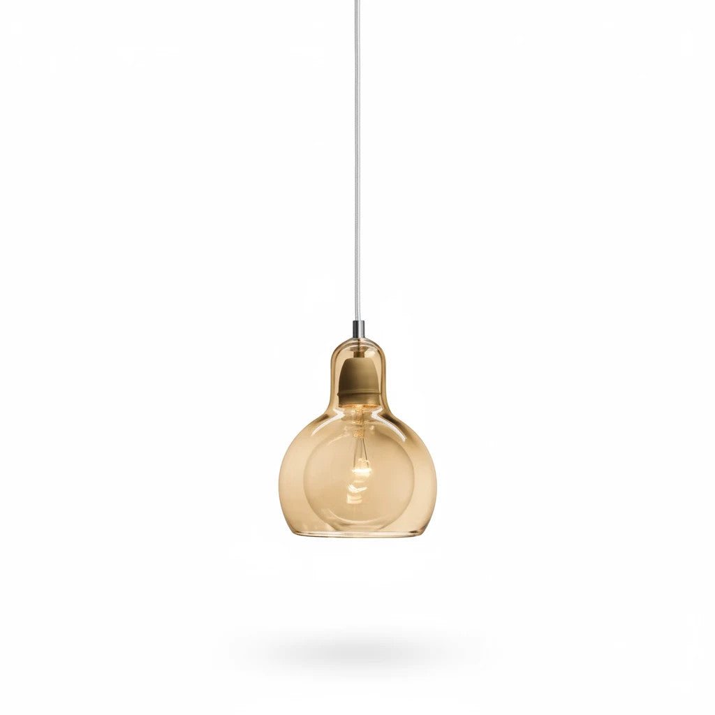 Lysverden glass pendant lamp with a curved amber glass shade and visible bulb for warm, retro-inspired interior lighting.