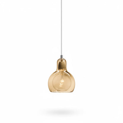 Lysverden glass pendant lamp with a curved amber glass shade and visible bulb for warm, retro-inspired interior lighting.