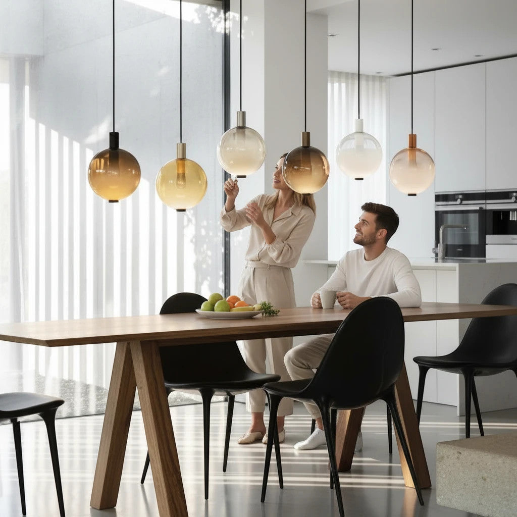 Lysverden AMBER pendant lamps with gradient glass shades hanging in a cluster over a modern dining table