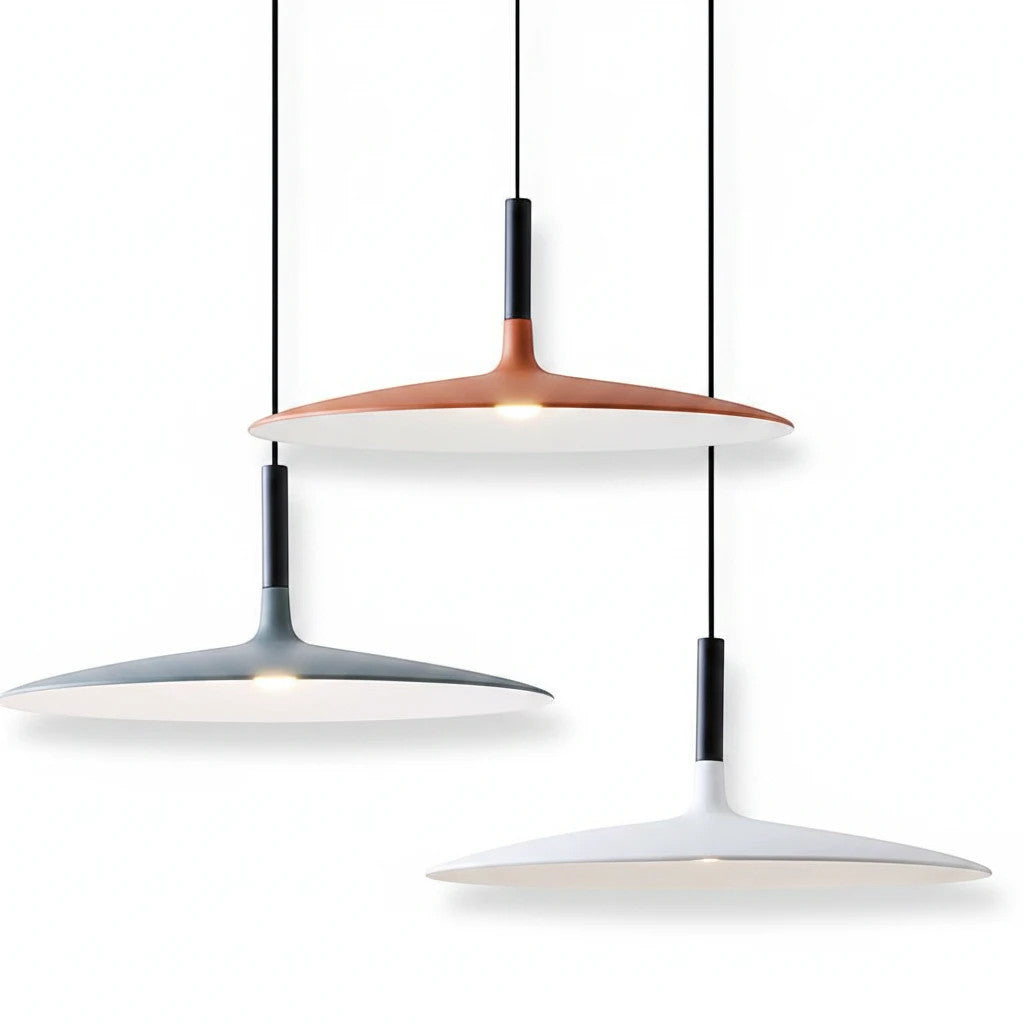 Lysverden modern pendant lights in coffee, grey, and white with angled disc design and integrated LED lighting.