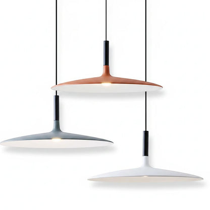 Lysverden modern pendant lights in coffee, grey, and white with angled disc design and integrated LED lighting.