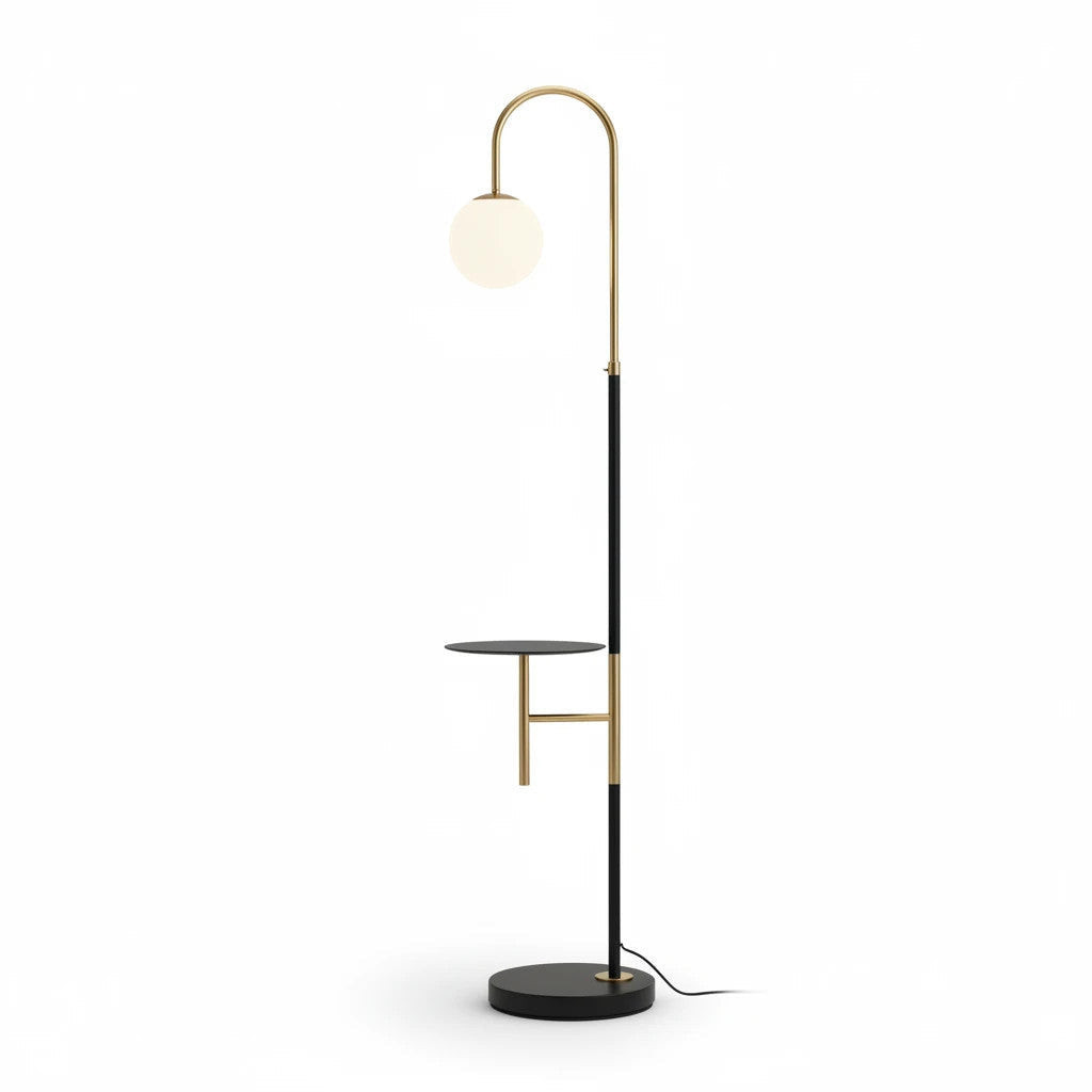 Lysverden modern arched floor lamp in black and gold with an opal glass globe shade and integrated side shelf.