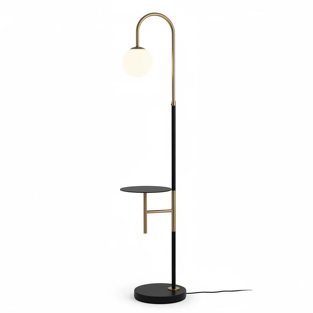 Lysverden modern arched floor lamp in black and gold with an opal glass globe shade and integrated side shelf.