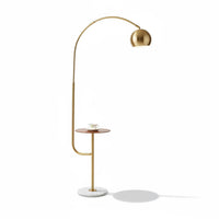 Lysverden arched floor lamp with a gold finish, marble base, and integrated side table on a white background.