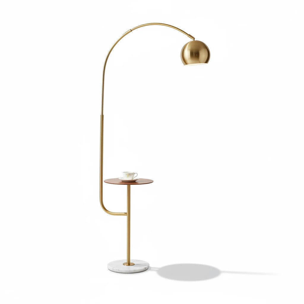 Lysverden arched floor lamp with a gold finish, marble base, and integrated side table on a white background.