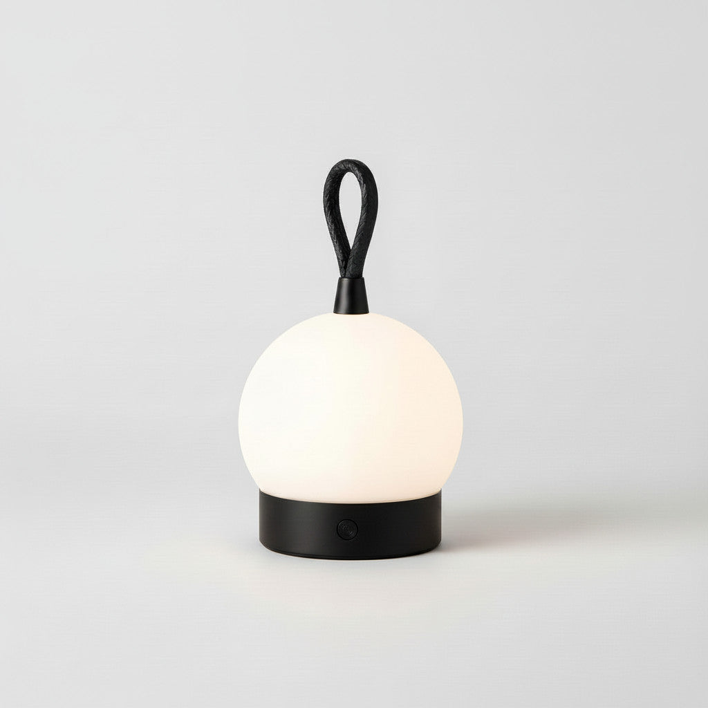 Lysverden ball-shaped camping lantern with leather handle, touch control, and 3 color temperatures.