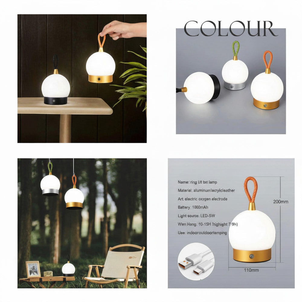 Lysverden ball-shaped camping lantern with gold base, white acrylic shade, and orange leather loop handle. Touch-controlled, dimmable.