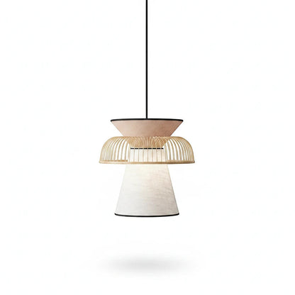 Lysverden bamboo pendant lamp with double fabric shades and wooden slats in a Japandi style for warm ambient lighting.