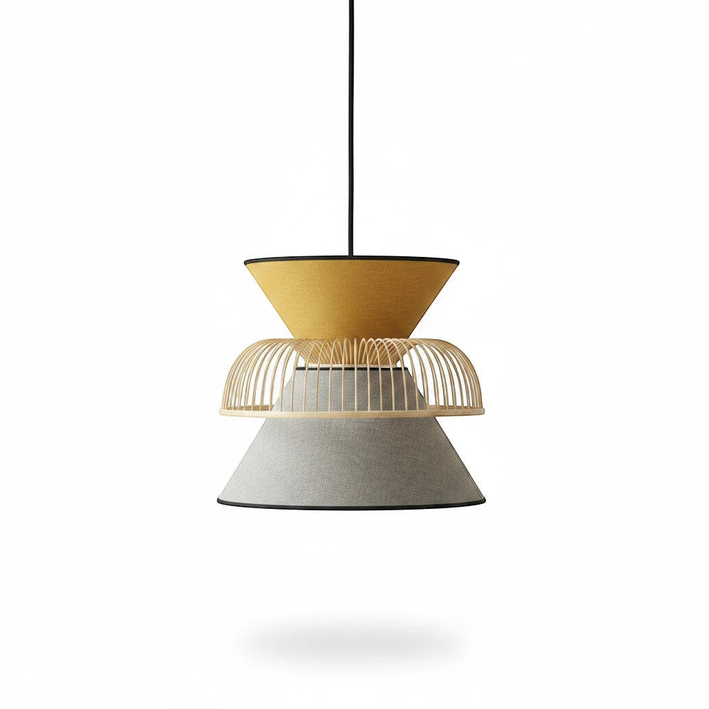 Lysverden bamboo pendant lamp with double fabric shades in yellow and grey, featuring a decorative wooden cage design.