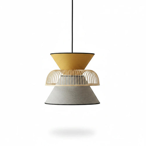 Lysverden bamboo pendant lamp with double fabric shades in yellow and grey, featuring a decorative wooden cage design.