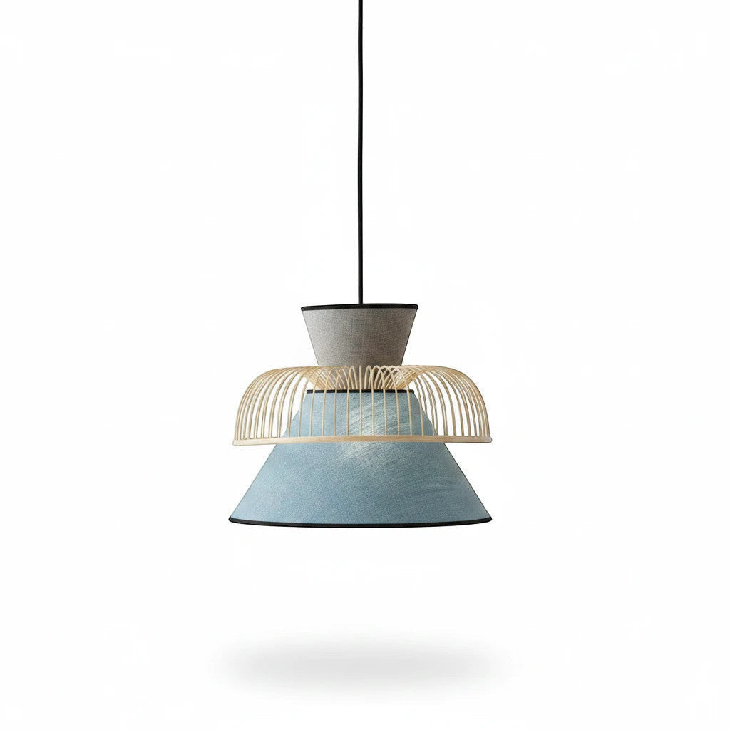 Lysverden bamboo pendant lamp with double fabric shades in blue and grey, featuring a natural wood cage design.