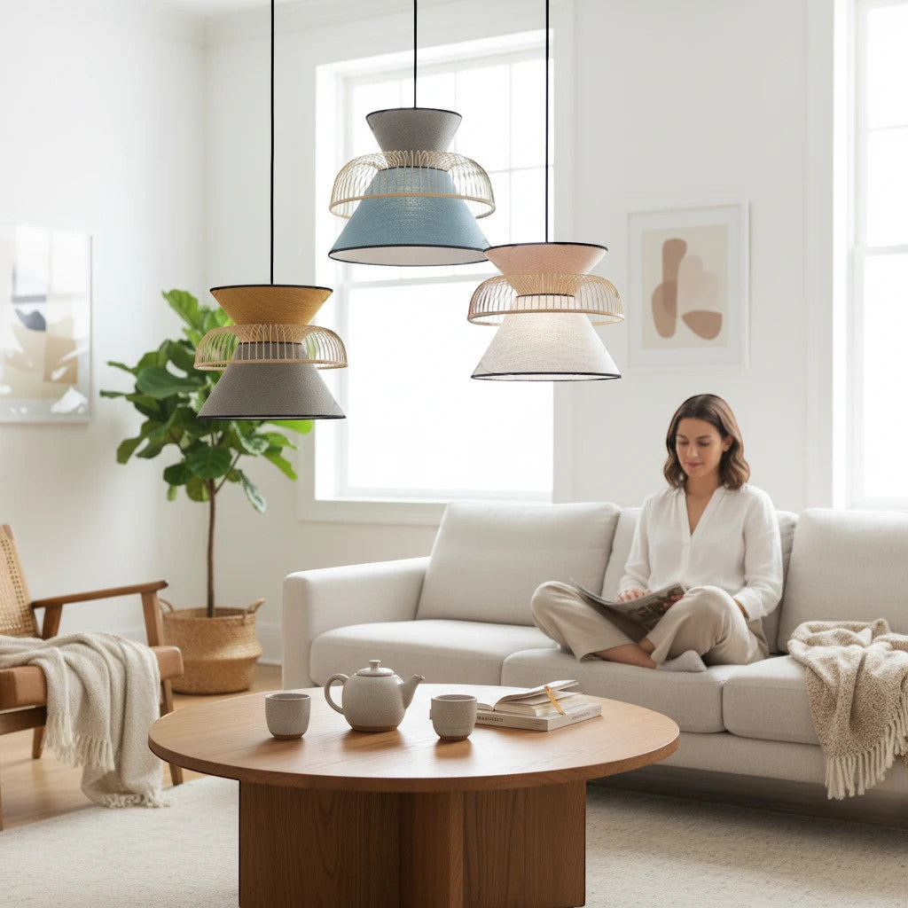 Lysverden bamboo pendant lights with double fabric shades in blue, yellow, and white hanging in a Japandi living room