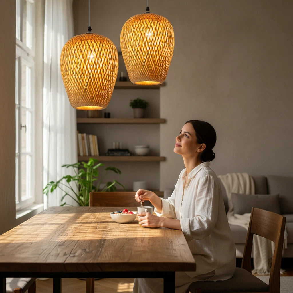 Lysverden hand-woven bamboo and rattan pendant lights hanging over a wooden dining table in a cozy Japandi interior