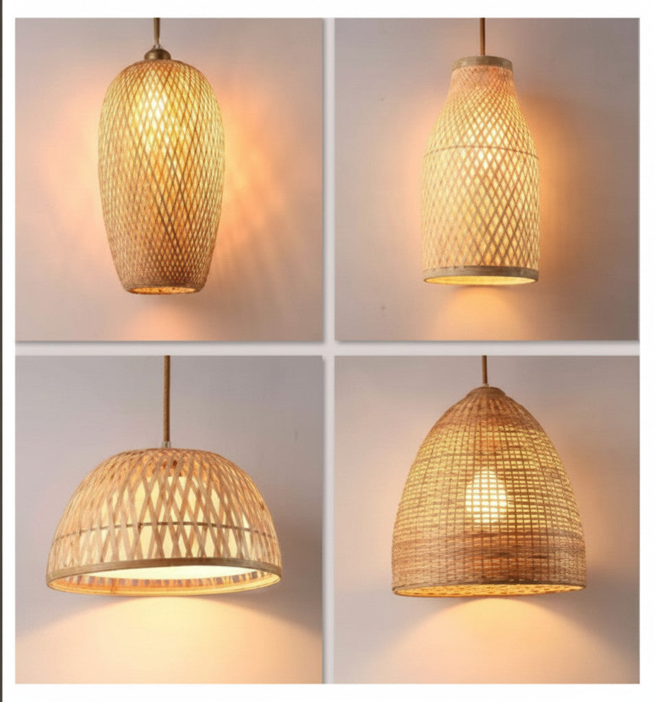 Lysverden handwoven bamboo rattan pendant lights in four different shapes for a warm Japandi interior style.