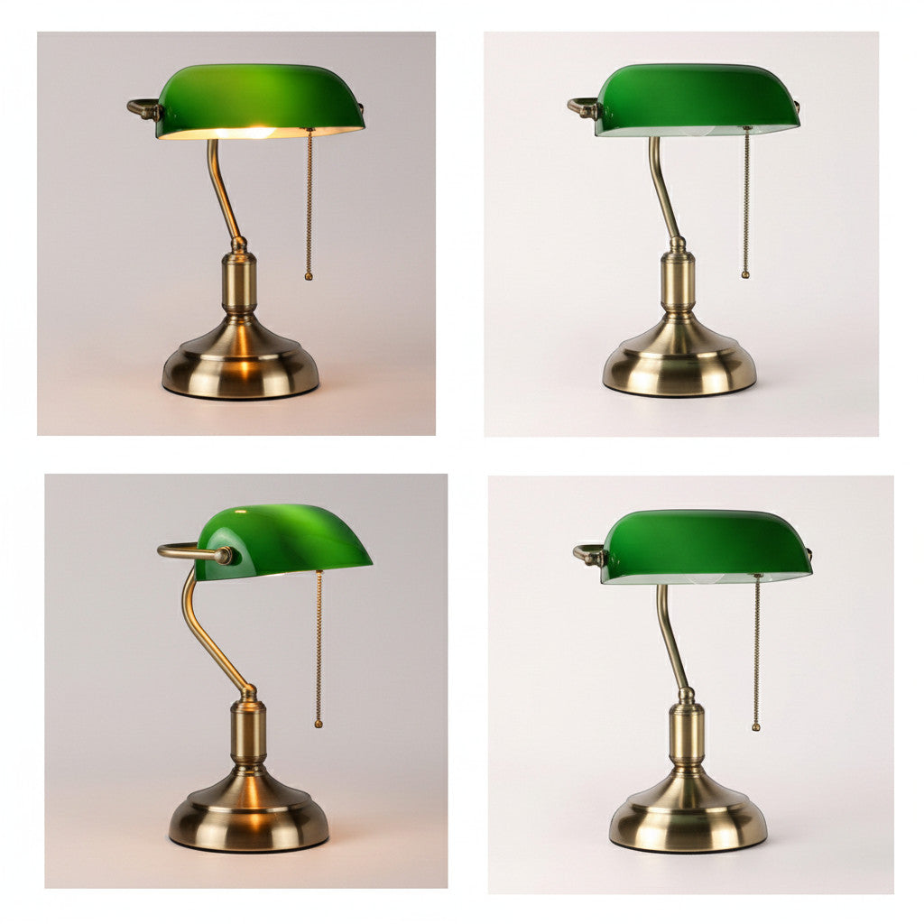 Lysverden classic banker lamp with green glass shade and bronze base, adjustable shade, pull chain switch. E27 socket.