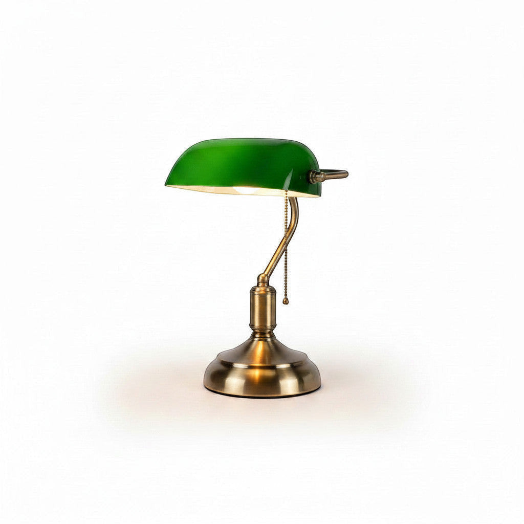 Lysverden classic banker lamp with green glass shade and bronze base, adjustable shade, pull chain switch.
