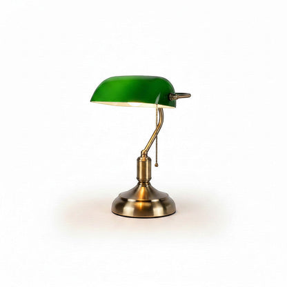 Lysverden classic banker lamp with green glass shade and bronze base, adjustable shade, pull chain switch.