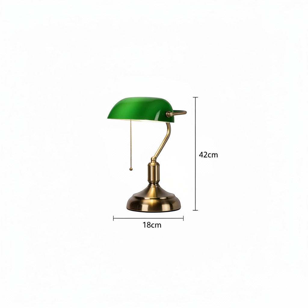 Lysverden classic banker lamp with green glass shade and bronze base, adjustable, E27 socket, pull chain.